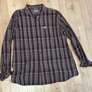 Carhartt Men’s Long-Sleeve Plaid Button-Down Shirt in Burgundy and Gray 2XL